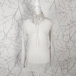 The Open Product White Ivory Mesh Sheer Cowl Neck Long Sleeve